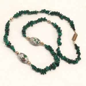 Necklace - Green Malachite(?) Chips with Cloisonné Beads